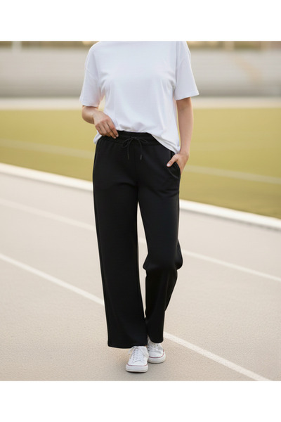 birizmoda Modal Fabric Wide Leg Sweatpants with Pockets - Black