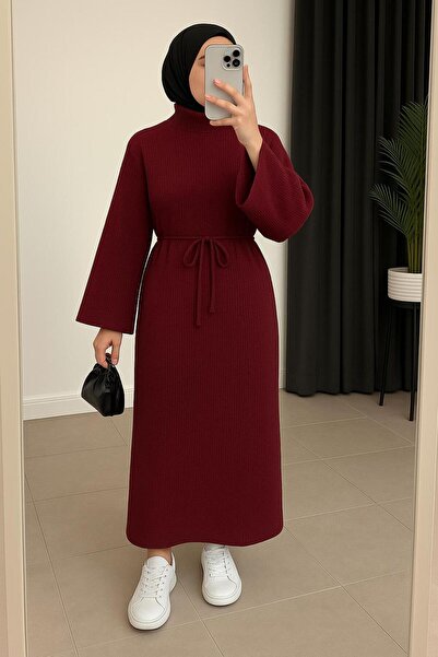 AXXAN فستان تريكو بياقة عالية وأكمام واسعة، مقاس قياسي، فستان محتشم بطول 138 سم