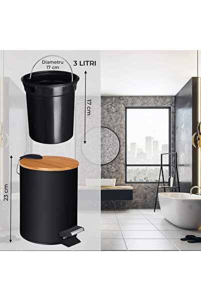 Elindor ® Kitchen Trash Can with Pedal, with Bamboo Lid, Suitable for Selective Collection, Black