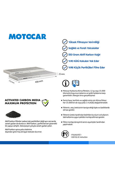 Motocar 1200 102-2C Hepa Üstü Karbonlu Klima Filtresi (TESLA MODEL Y (2019<>2025) - MODEL Y JUNIPER (2025>)