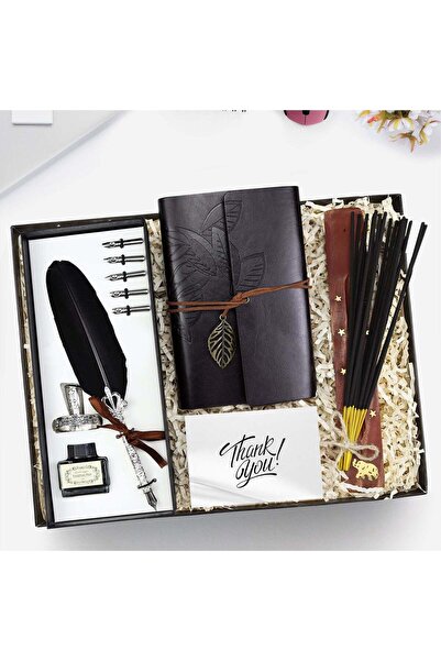 Trendmiya Divit Uçlu Tüylü Kalem & Deri Kapaklı Vintage Anı-Seyahat Defteri &...