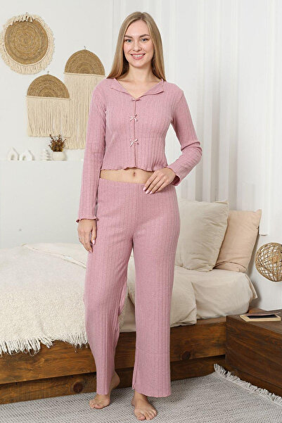 DPARİS Bow Detailed Long Sleeve Interlock Pajama Set