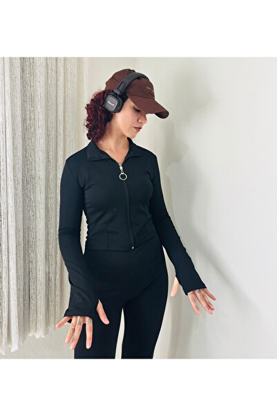 Freya Kadın Siyah Dalgıç Kumaş Fermuar Kapamalı Parmak Geçirmeli Sweatshirt