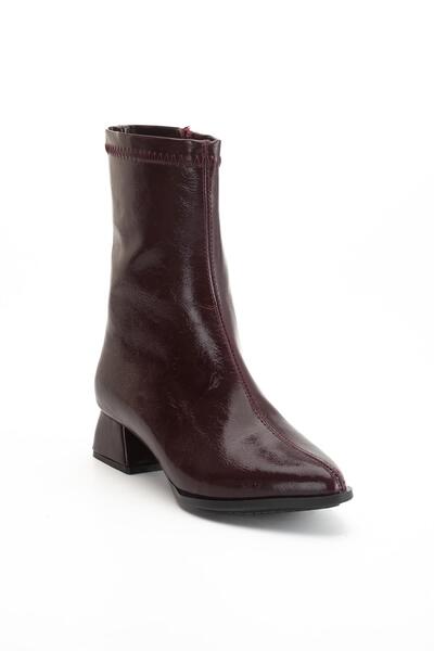 Dilimler Ayakkabı kadın Kısa Topuklu Bot Bordo Rugan Yüzü Dikişli
