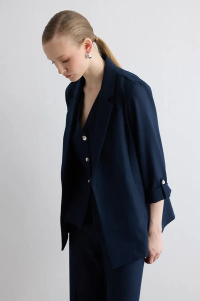 Gusto Relaxed Fit Glitter Striped Jacket - Navy Blue