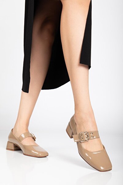 Dilimler Ayakkabı Women's Short Heeled Shoes Mink Patent Leather with Hard Toe Blunt Toe