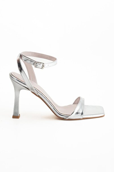 Dilimler Ayakkabı Women's Heeled Single Strap Sandals Shoes Silver Ankle Wrap