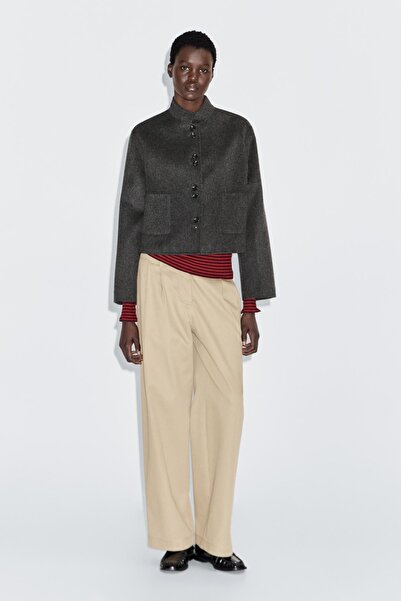 Massimo Dutti Kısa kruvaze yün karışımlı ceket