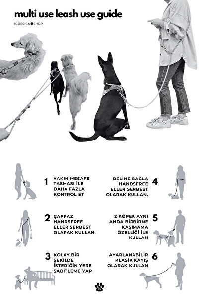 IG Design Halat - Eller Serbest & Çok Amaçlı (2 Köpek Aynı Anda) Gezdirme Kayışı