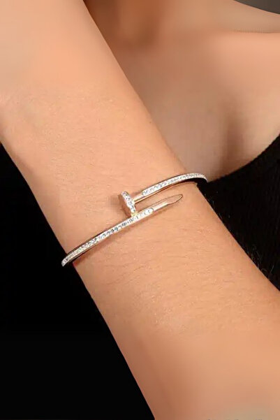 OSMANLI GÜMÜŞ Women's Steel Bracelet - Spiral Model Steel Bracelet with Rose Zircon Stone Embroidery