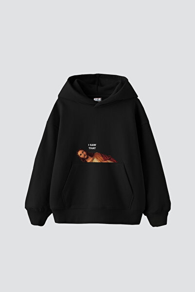 Bak Moda Hanorac negru oversize unisex cu imprimeu I Saw That Jesus