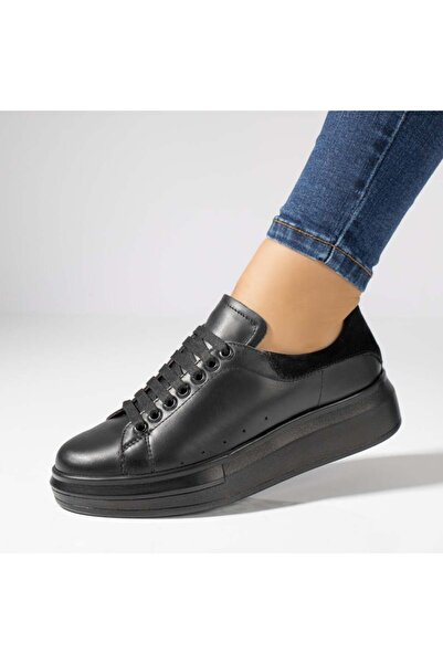Modlet.ro Γυναικεία μαύρα κορδόνια πάνινα παπούτσια από δέρμα MOD03628