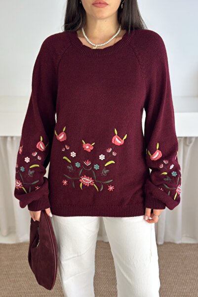 FEMELLE Дамски пуловер с флорални бродерии в бордо цвят, стандартен размер, б...
