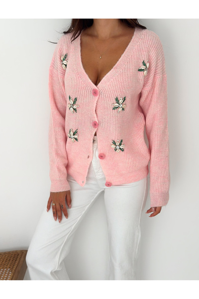 b buhari bykoc Cardigan tricotat cu decolteu în V cu detalii de flori de piatră