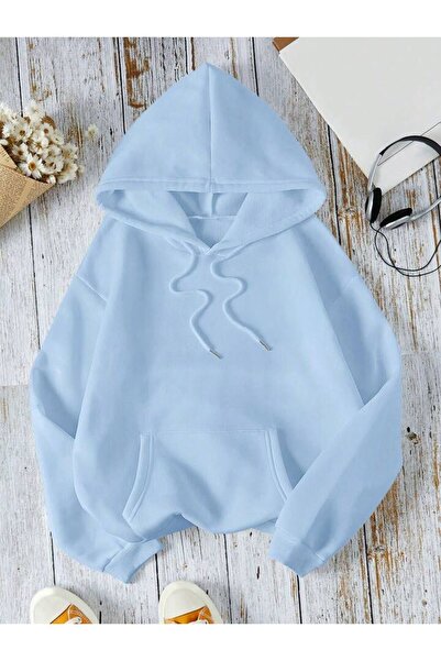 trendgar Yıldız Sırt Baskılı Mavi Kapşonlu Kanguru Cep Sweatshirt Hodie