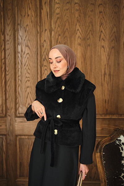 LOCCO Дамска жилетка с кожена яка, черна