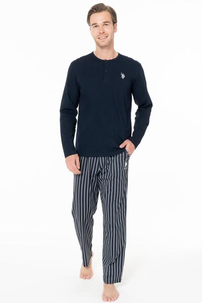 U.S. Polo Assn. Erkek Lacivert Pijama Takım, %100 pamuk, Alt Çizgili, Üst Düz Renk ve Düğmeli