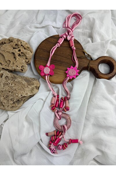 SEDEF TAKI Ahşap çiçekli el yapımı uzun bohem kolye