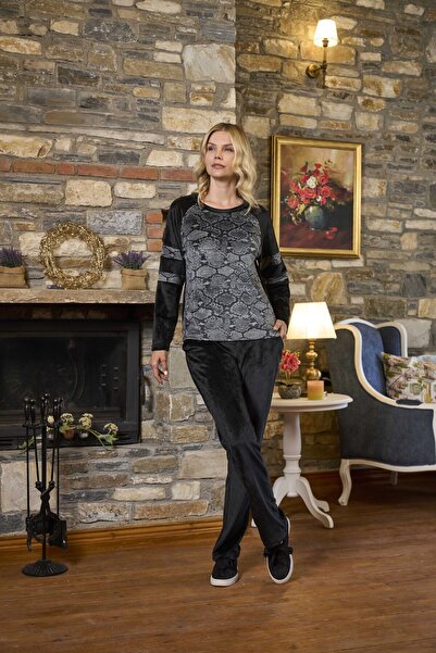 Cossy By Aqua Velvet Patterned Homewear 2-Piece Set Cossybyaqua 26295-46 - Black Patterned