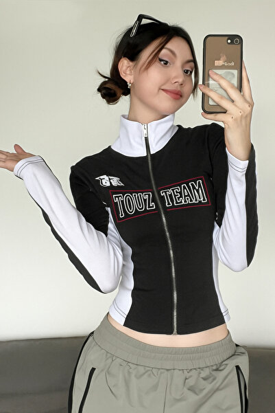 Touz Crop negru cu fermoar Team cu imprimeu