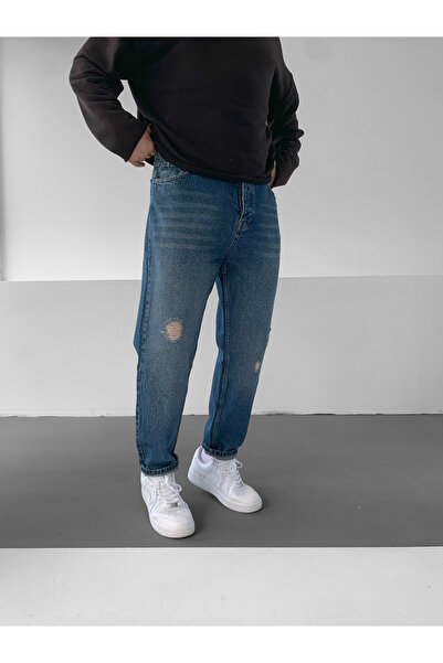 NO1 KONSEPT Koyu Mavi Yıkamalı Yırtık Boyfriend Jean Pantolon