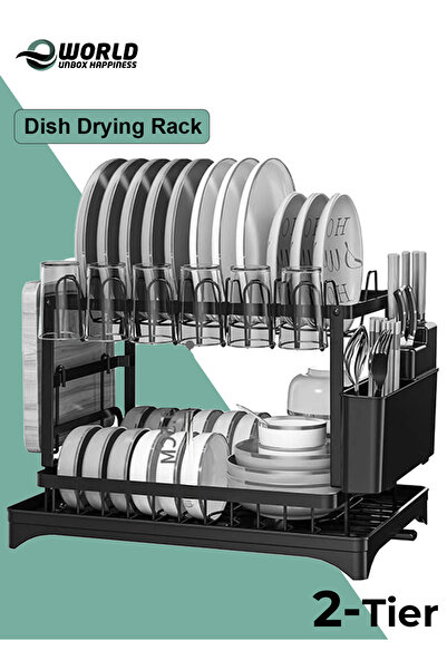 Eworld رف تجفيف أطباق من الفولاذ المقاوم للصدأ بطبقتين مع لوح تصريف وحامل أدو...