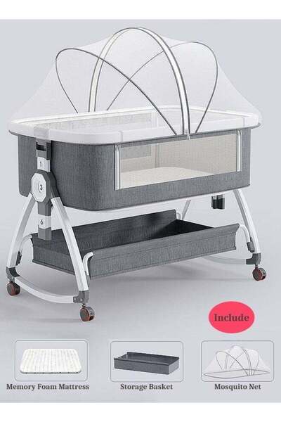 Arabest Aluminum Alloy Baby Crib with High Quality,Baby Bedside Sleeper, Portable Movable Folding Crib,Grey