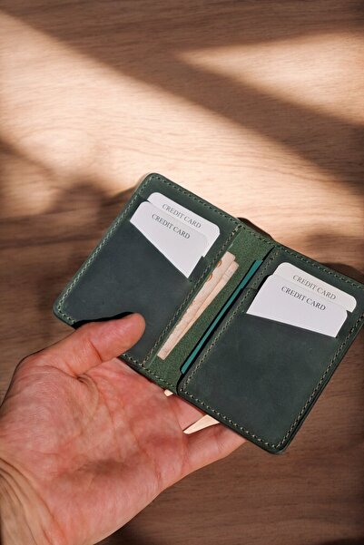 MAT Deri Vertical Card Holder Genuine Leather Slim Card Holder Men's Wallet Green