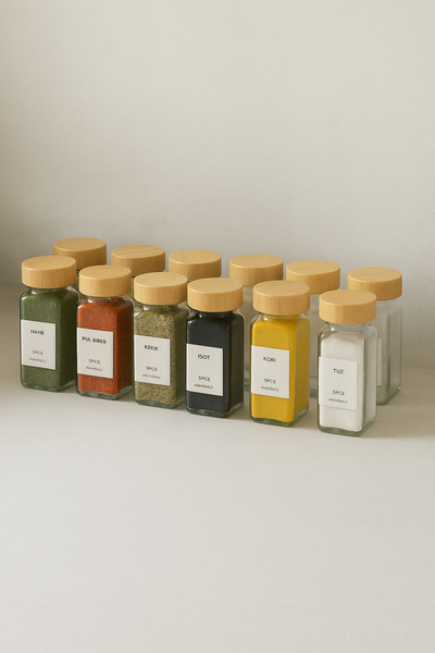 DrBambu طقم توابل زجاجي مكون من 12 قطعة مع أغطية من الخيزران - حل تخزين أنيق ...