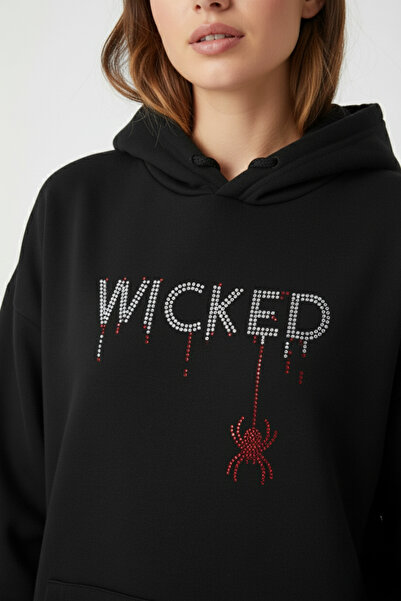BRF Collection Women's Oversized Stone Embroidered'Wicked' Hoodie - Black