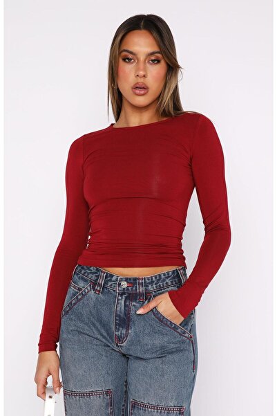 ÖZ PAMUK Bluză din lycra cu mânecă lungă din țesătură simplă, cu gâtul rotund