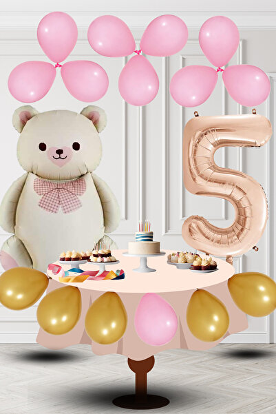 tedaks بالون ذهبي وردي على شكل دمية دب كريمية بعمر 5 سنوات، زينة عيد ميلاد ذه...