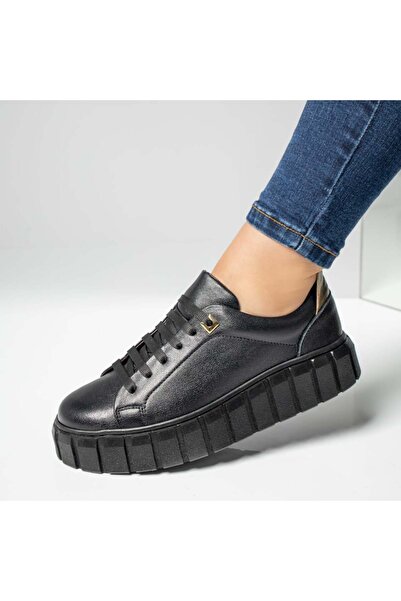 Modlet.ro Γυναικεία μαύρα casual παπούτσια με παχιά σόλα από δέρμα MOD03646