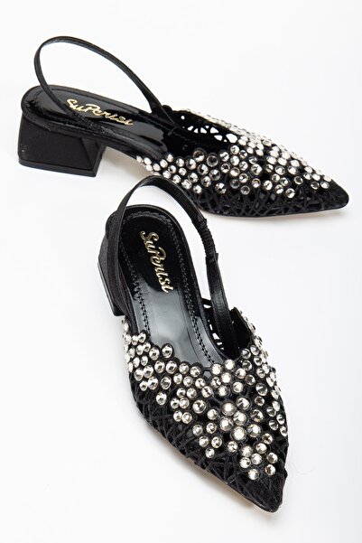Dilimler Ayakkabı Women's Short Heeled Evening Dress Shoes Black Knitted Stone Pointed Shape
