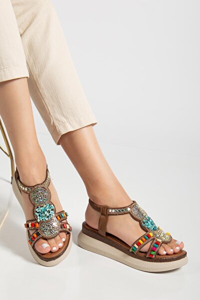 Dilimler Ayakkabı Women's Wedge Sandals with Two Straps and Beaded Detail in Tan
