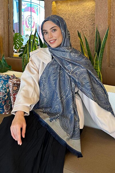 lamelif Etnik Retro Desen Çift Taraflı Şal Gece Mavisi