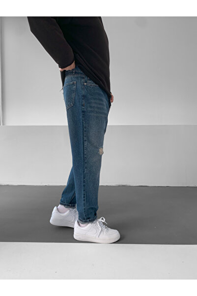 NO1 KONSEPT Koyu Mavi Yıkamalı Yırtık Boyfriend Jean Pantolon