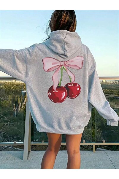 trendgar Γκρι φούτερ με κουκούλα και τσέπη καγκουρό με φιόγκο Cherry με τύπωμα