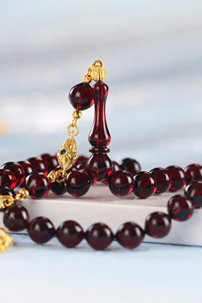 Tesbih Otağı Gold Plated Silver Tassel Burgundy Fire Amber Prayer Beads – with Wooden Box and Certificate