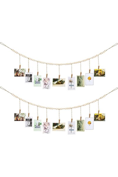 fulina 2PCS Wall Hanging Photo Display,Wooden Beads Garland 4 Feet Boho Collage Picture Frame,9 Wood Clip