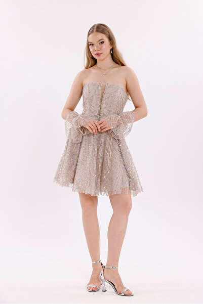 BDM Exclusive Taşlı Kumaş Omuz ve Kola Bağlanabilir Aplikli Kısa Abiye Elbise