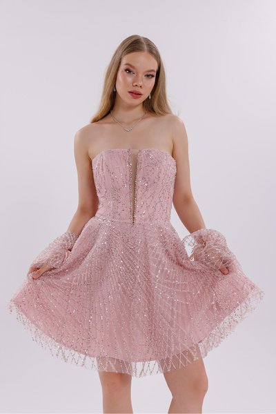 BDM Exclusive Taşlı Kumaş Omuz ve Kola Bağlanabilir Aplikli Kısa Abiye Elbise