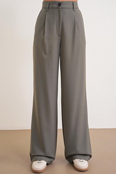 Mixray 4747 Women's Wide Leg Flowy Palazzo Pants with Pockets Khaki