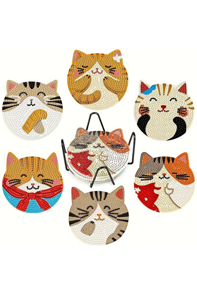 WoodenThings Kedi Temalı Elmas Boyama Bardak Altlığı Seti – 6 Parça, Metal St...