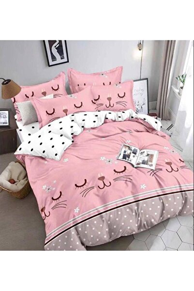 JOJO HOME Bed linen, 4 pieces, 1 person, 155x230cm, fine cotton, Pink Cat
