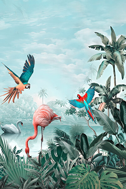 dreamwall Flamingo ve Papağan Desenli Tropikal Tekstil Duvar Kağıdı