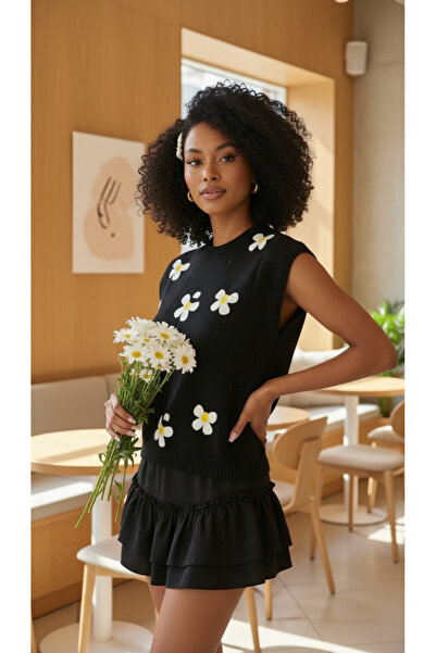 NİLZA Papatya Detaylı Triko Oversize Süveter