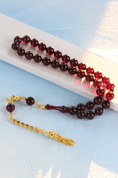 Tesbih Otağı Gold Plated Silver Tassel Burgundy Fire Amber Prayer Beads – with Wooden Box and Certificate
