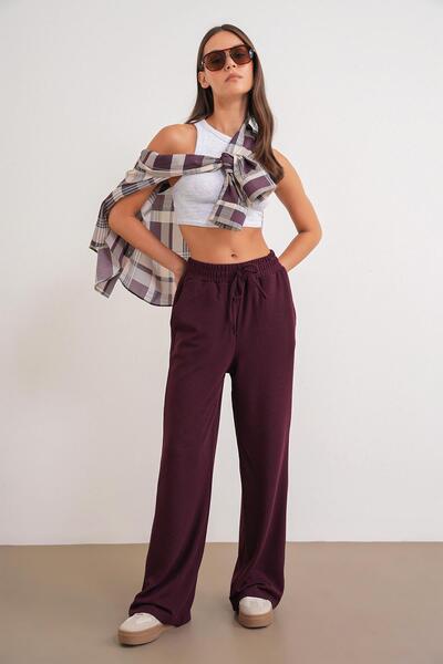 Mixray 4757 Women's Elastic Wide Leg Knitted Flowy Thessaloniki Pants Plum