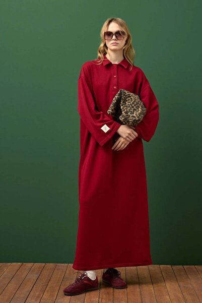 Ceylan Otantik Burgundy 3 Thread Neckline Dress